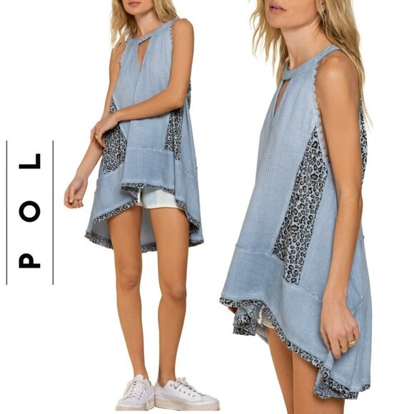 NWT POL Halter Neck Hi-Low Hem Relaxed Fit Keyhole Denim Tunic Top - Picture 1 of 8